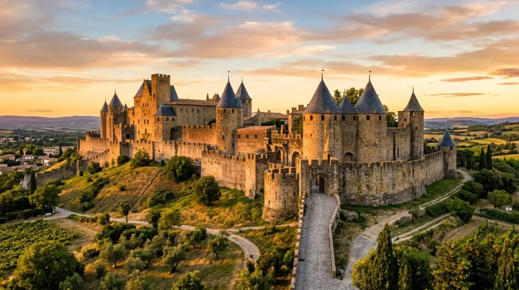 Château fortifié médiéval avec tours pointues au coucher du soleil