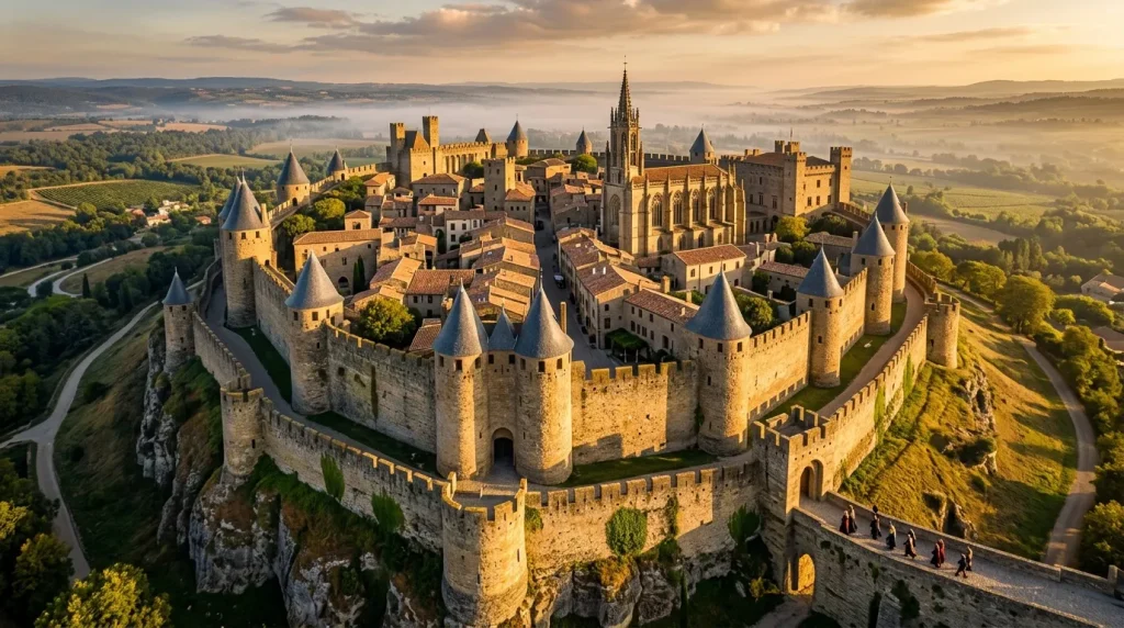 Château fortifié médiéval perché sur falaise rocheuse, paysage vallonné