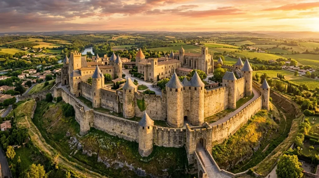 Château fortifié médiéval avec tours crénelées dominant vallée verdoyante