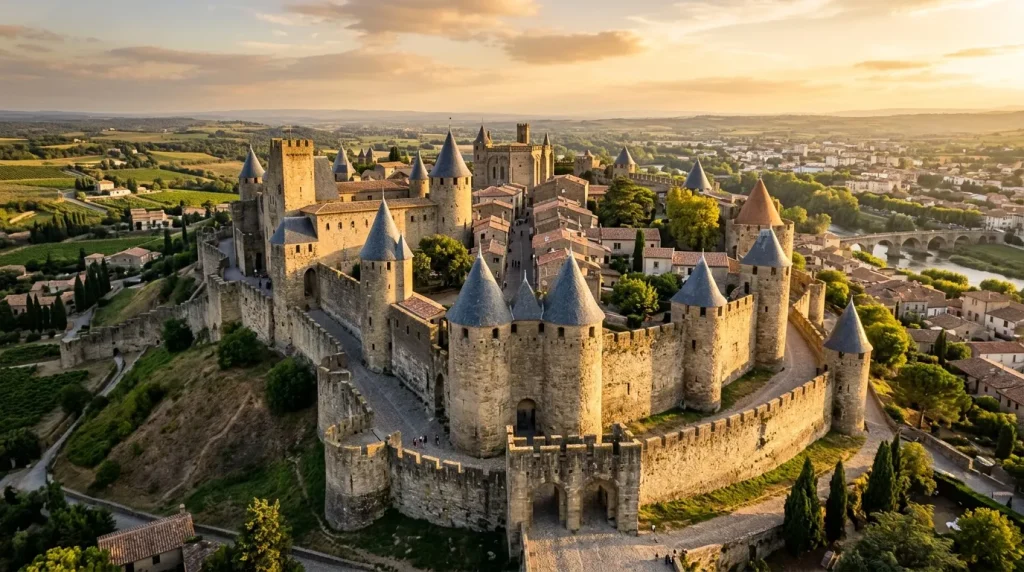 Château fortifié médiéval avec tours pointues surplombant une vallée.