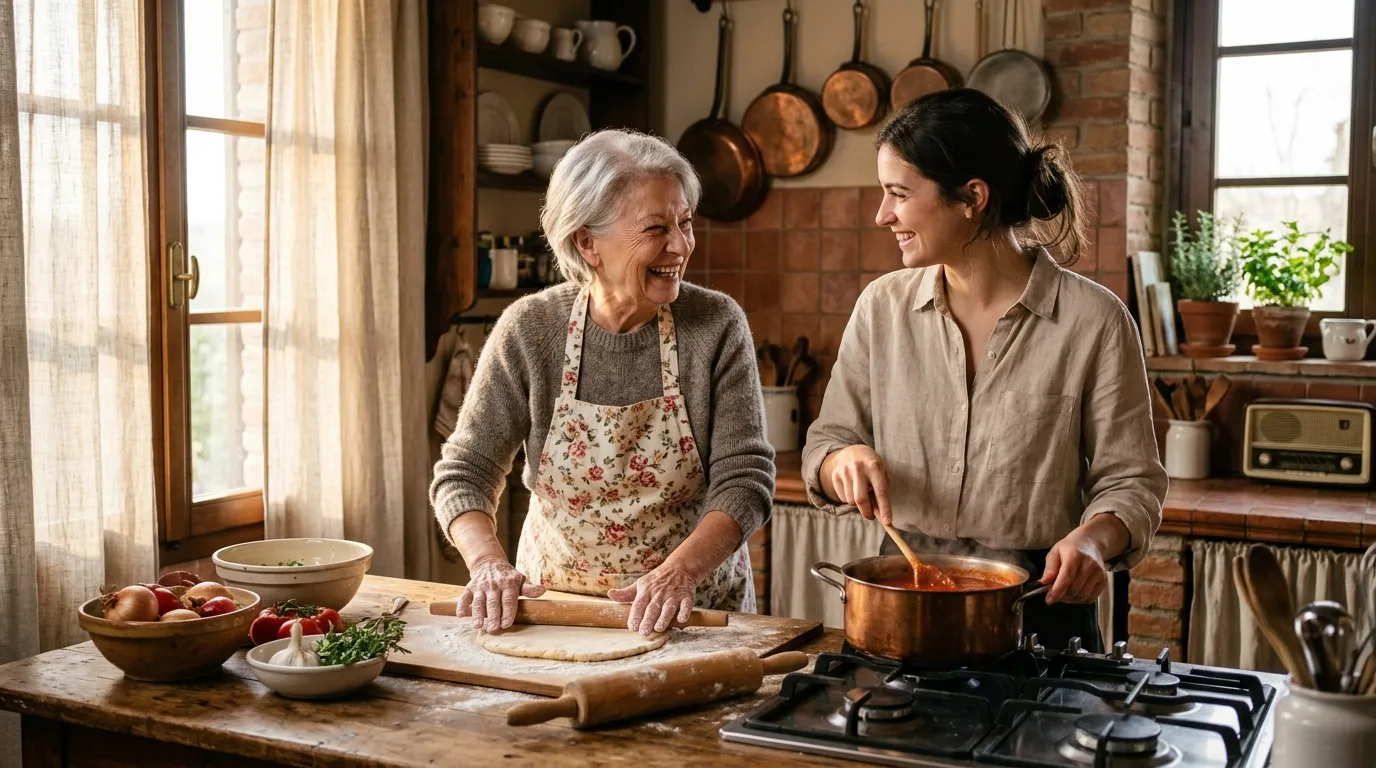 Grand-mère et jeune femme cuisinent ensemble dans une cuisine chaleureuse