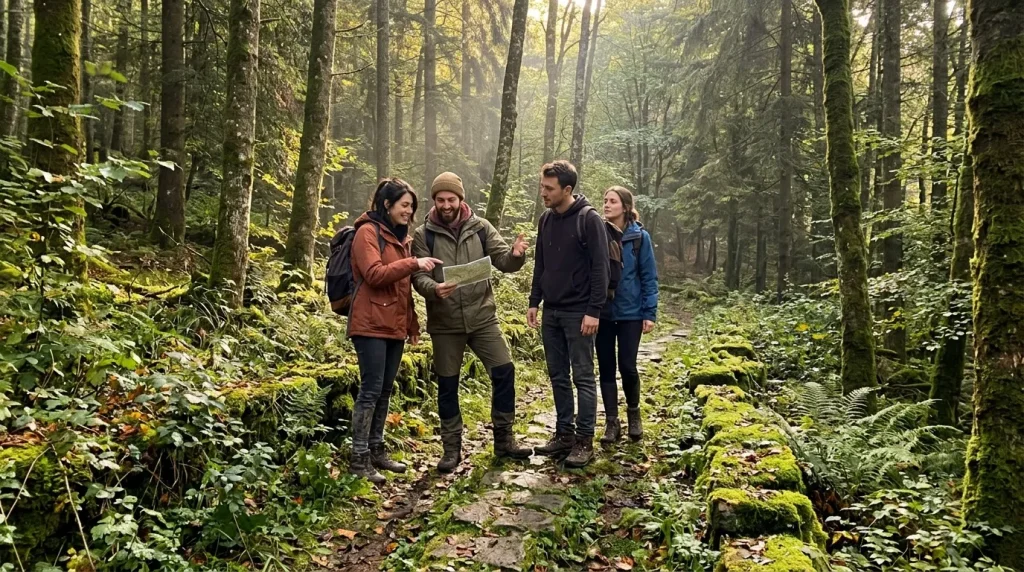 Quatre randonneurs consultent une carte en forêt dense