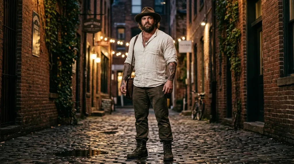 Homme barbu en chemise blanche et chapeau dans ruelle pavée