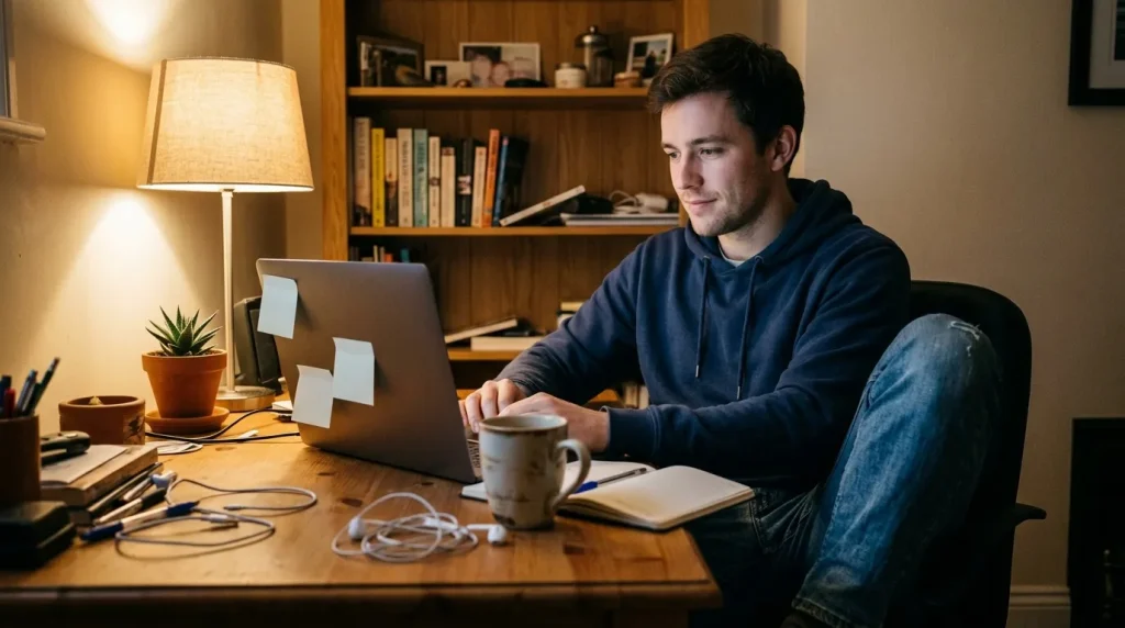 Jeune homme en hoodie travaillant sur laptop au bureau