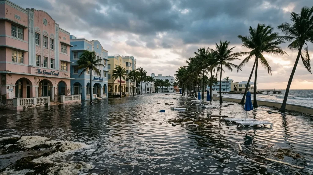 Rue inondée avec bâtiments colorés et palmiers au bord de mer