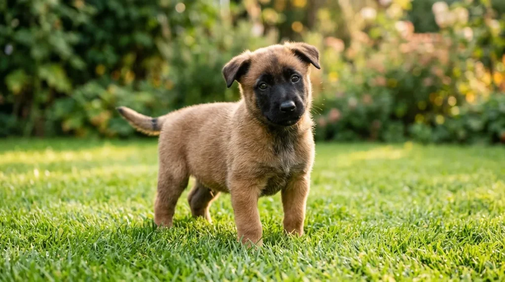 Jeune chien marron debout sur pelouse verte avec buissons