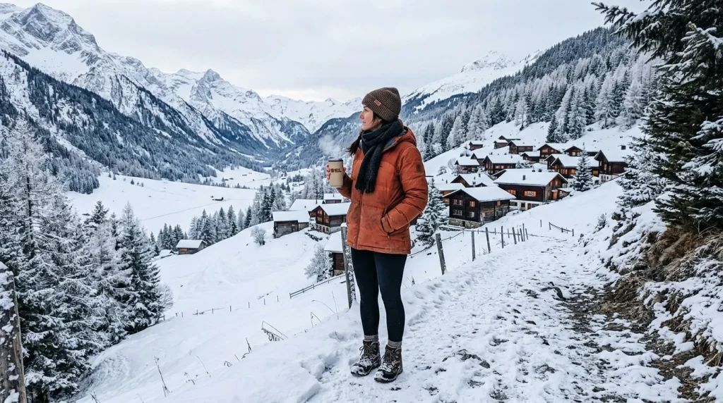 Femme courant en habit orange dans vallée alpine enneigée