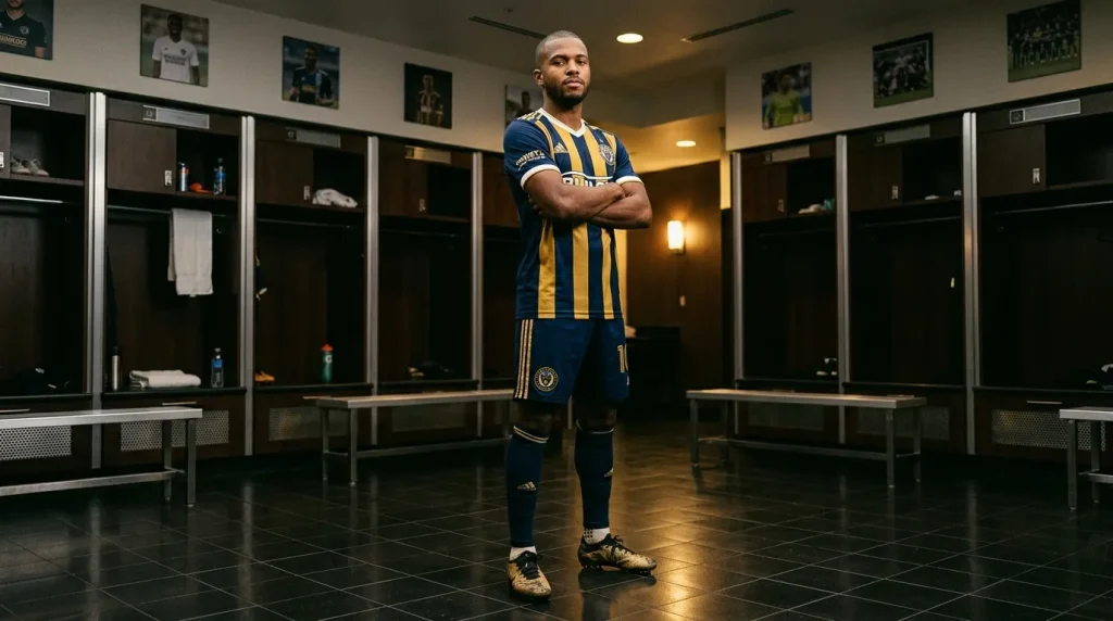 Footballeur en tenue bleu et or dans vestiaire moderne