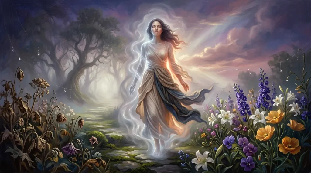 Femme spirituelle lumineuse entourée de fleurs colorées et arbres