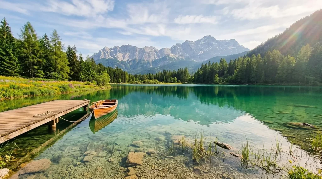 Barques bois lac turquoise montagne enneigée forêt sapin