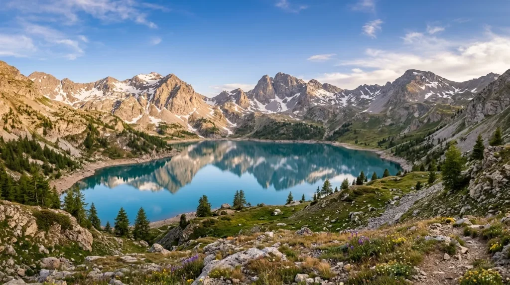 Lac turquoise reflétant montagnes rocheuses enneigées