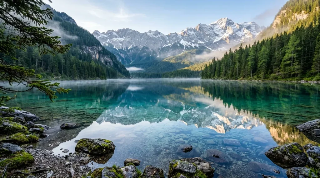 Lac cristallin reflétant montagnes enneigées et forêts de sapins