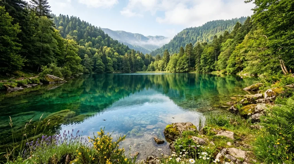 Lac cristallin entouré de forêts denses et montagnes boisées