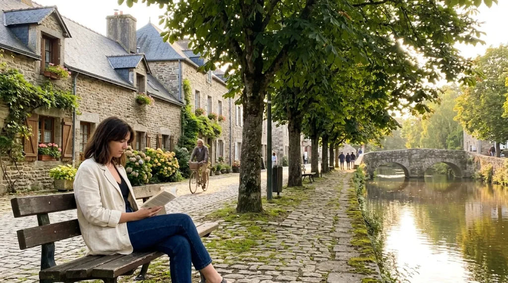 Femme lisant sur un banc près d'un canal dans un village