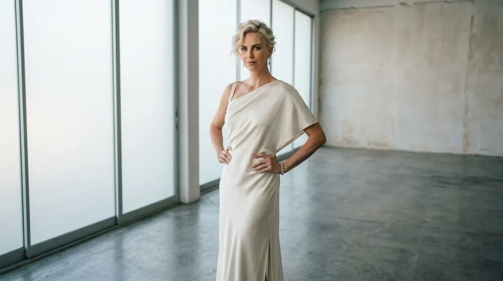 Femme en robe blanche dans couloir moderne lumineux