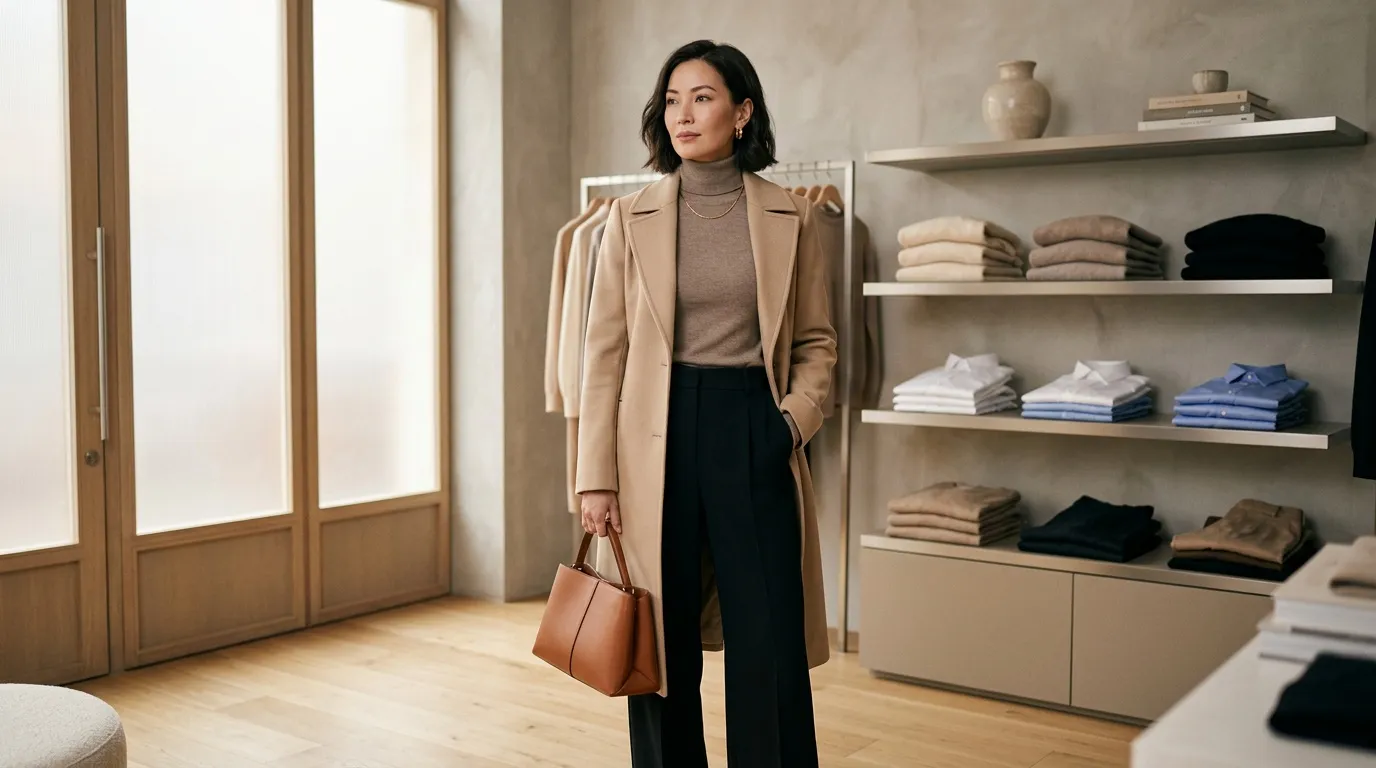 Femme en blazer beige et pantalon noir, sac cognac en main