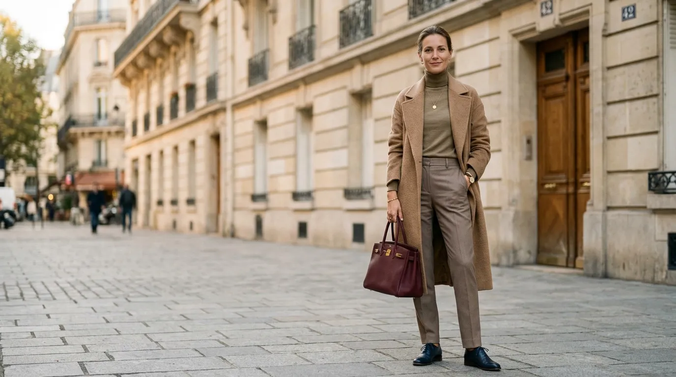 Femme en tenue chic dans une rue parisienne historique
