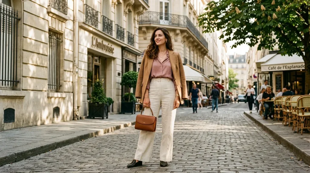 Femme en tenue chic dans une rue parisienne historique