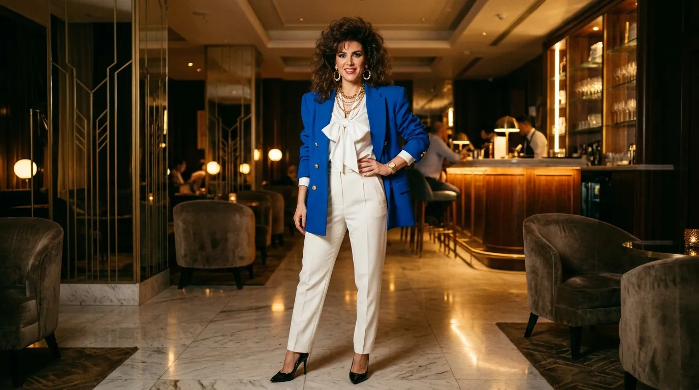 Femme en blazer bleu et pantalon blanc dans un hall luxueux