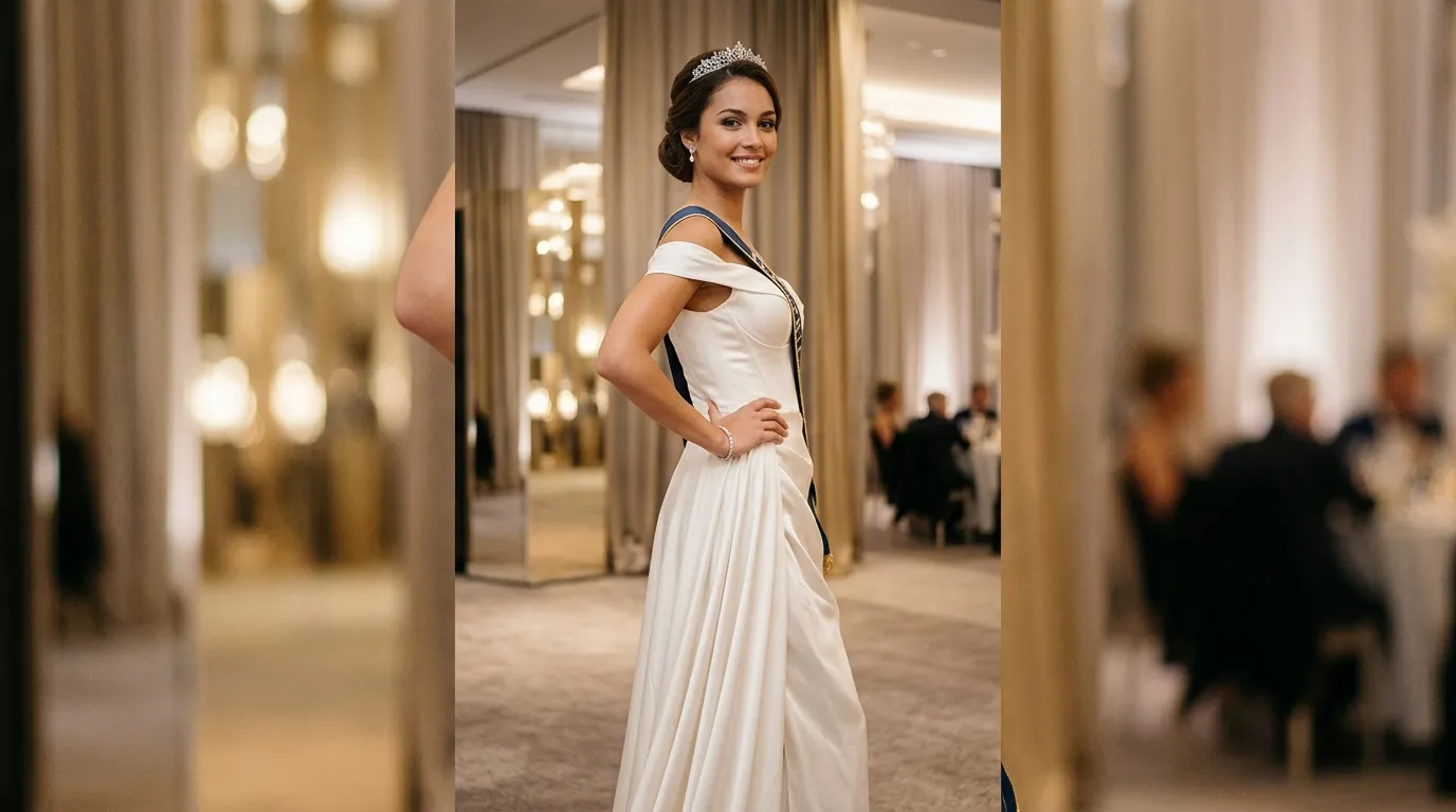 Femme en robe blanche longue avec tiare dans couloir luxueux