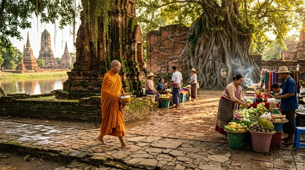 Moine bouddhiste et vendeurs de fruits aux ruines anciennes