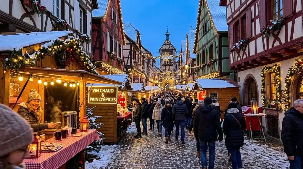Marché de Noël traditionnel avec chalets décorés et foule