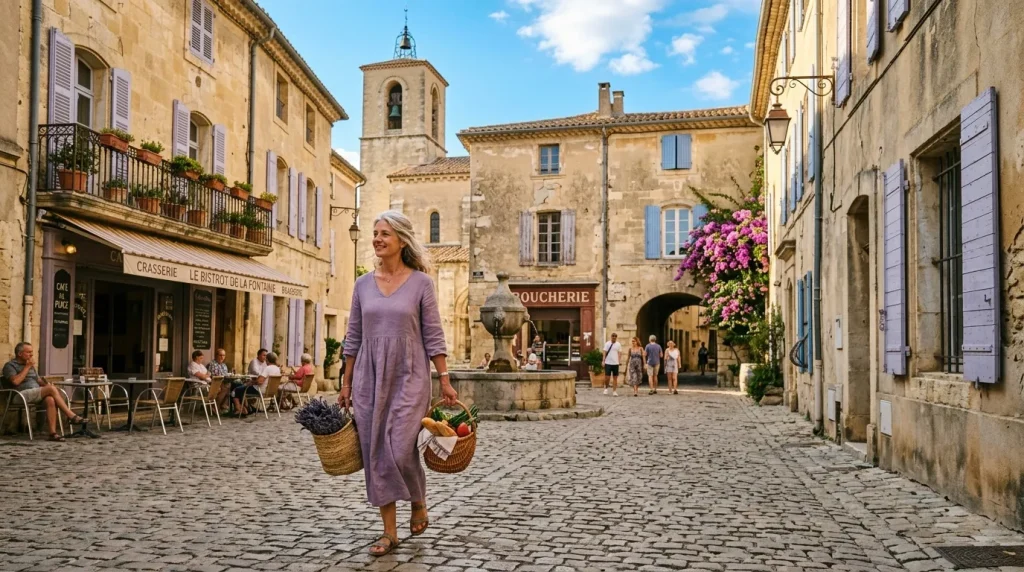 Femme avec courses dans village médiéval français ensoleillé