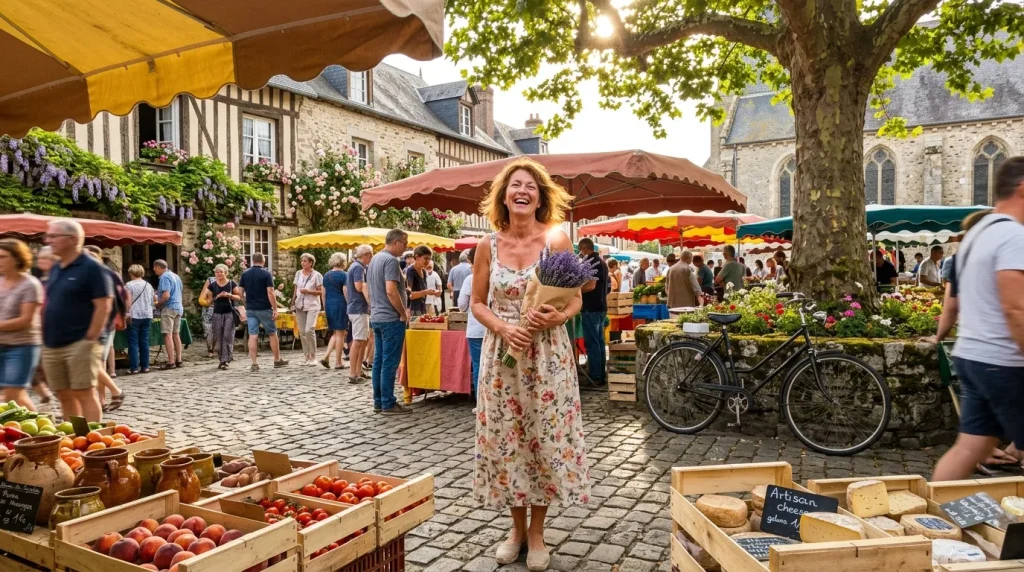 Femme souriante au marché avec fleurs et fruits frais