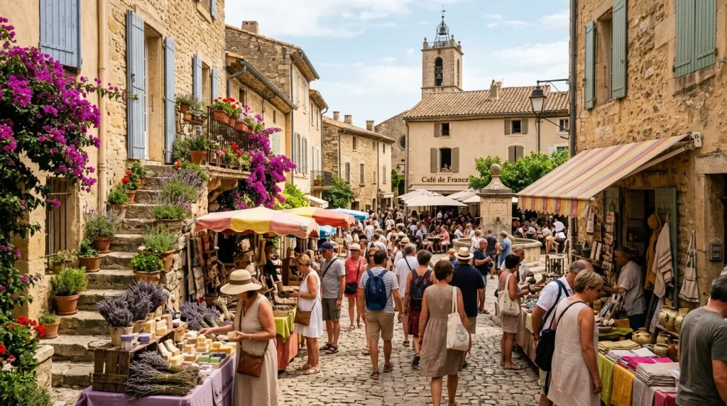 Marché coloré dans une ruelle pavée de village ancien provençal