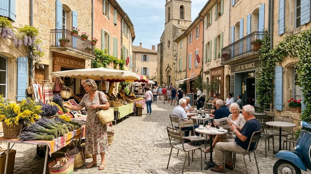 Marché de rue avec vendeurs, clients et café en Provence