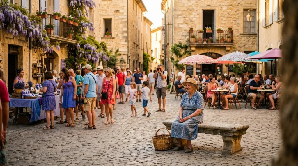 Femme âgée assise sur un banc dans une rue pavée animée