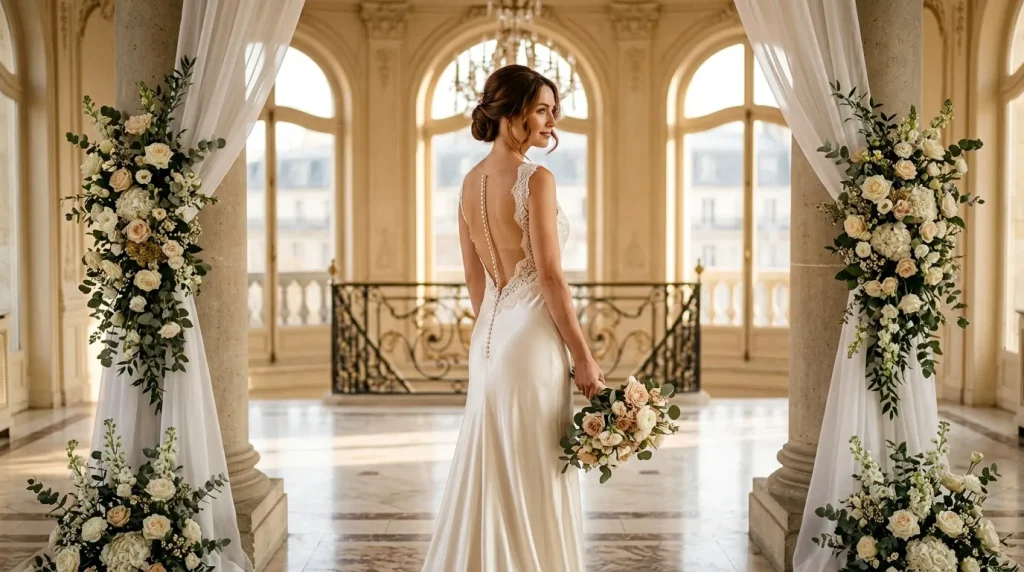 Mariée en robe blanche dans un palais baroque avec fleurs