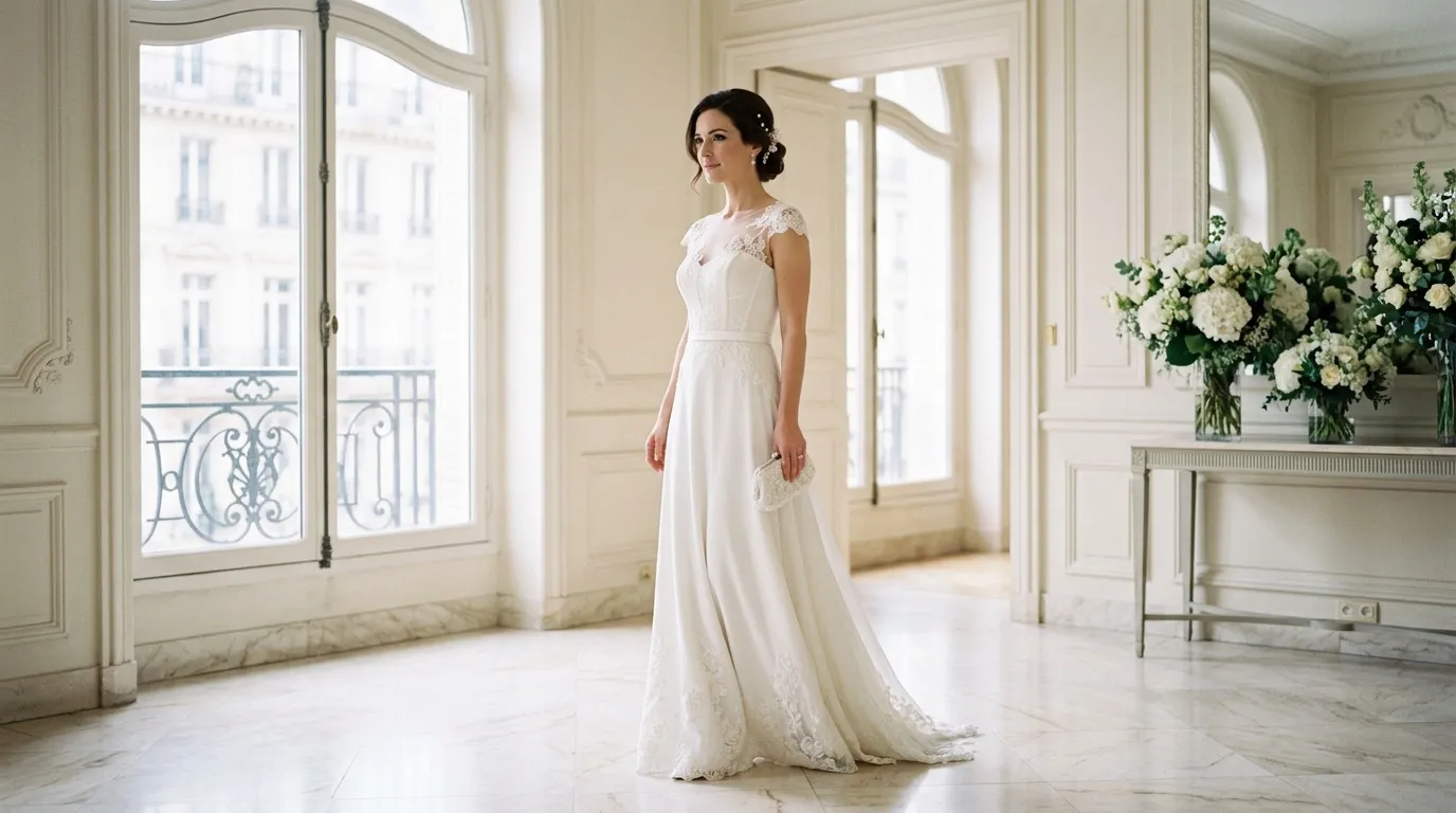 Femme en robe de mariée blanche dans un salon parisien