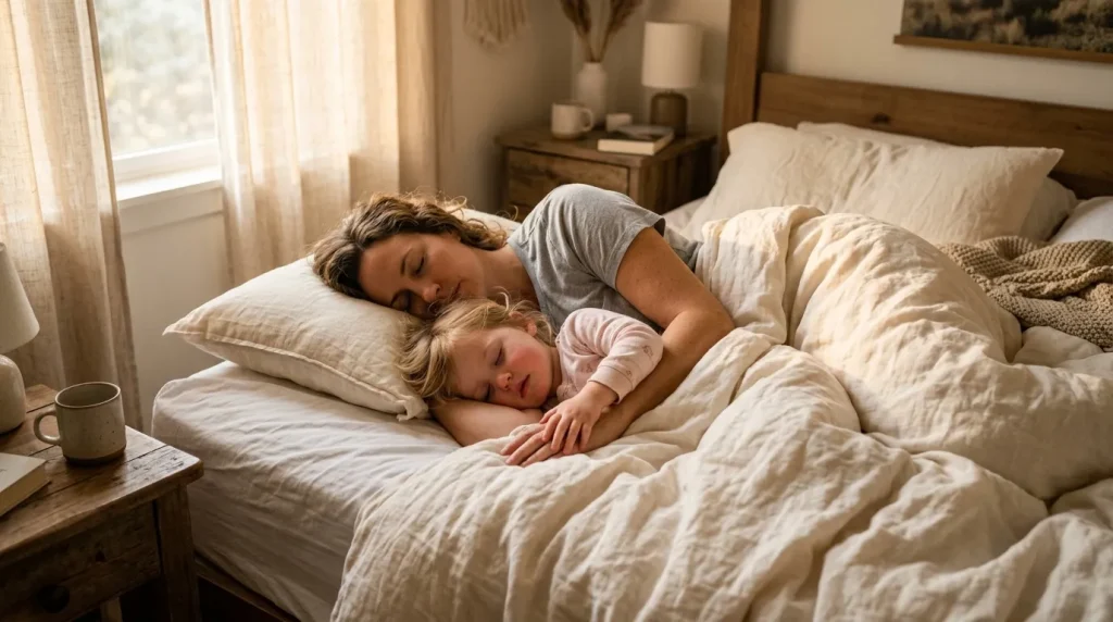 Femme et jeune enfant endormis ensemble dans un lit confortable