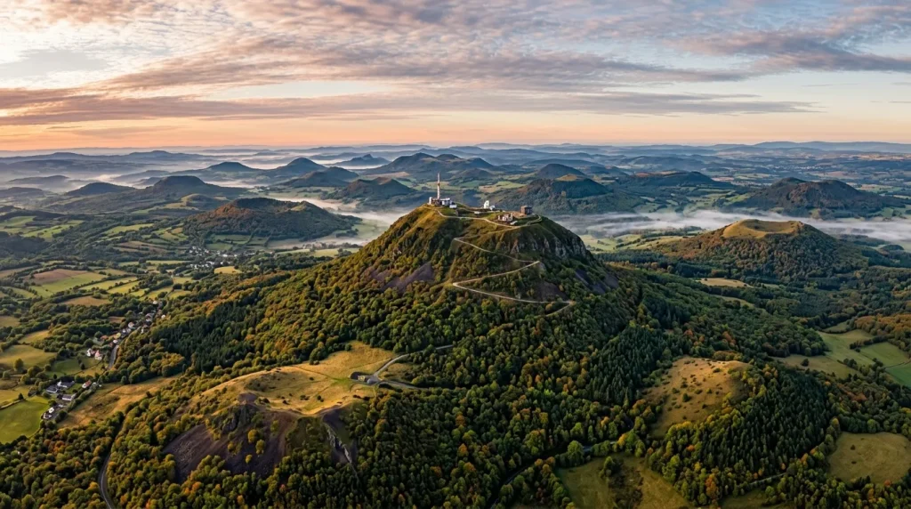 Vue aérienne d'une montagne boisée avec chapelle au sommet, vallée brumique.