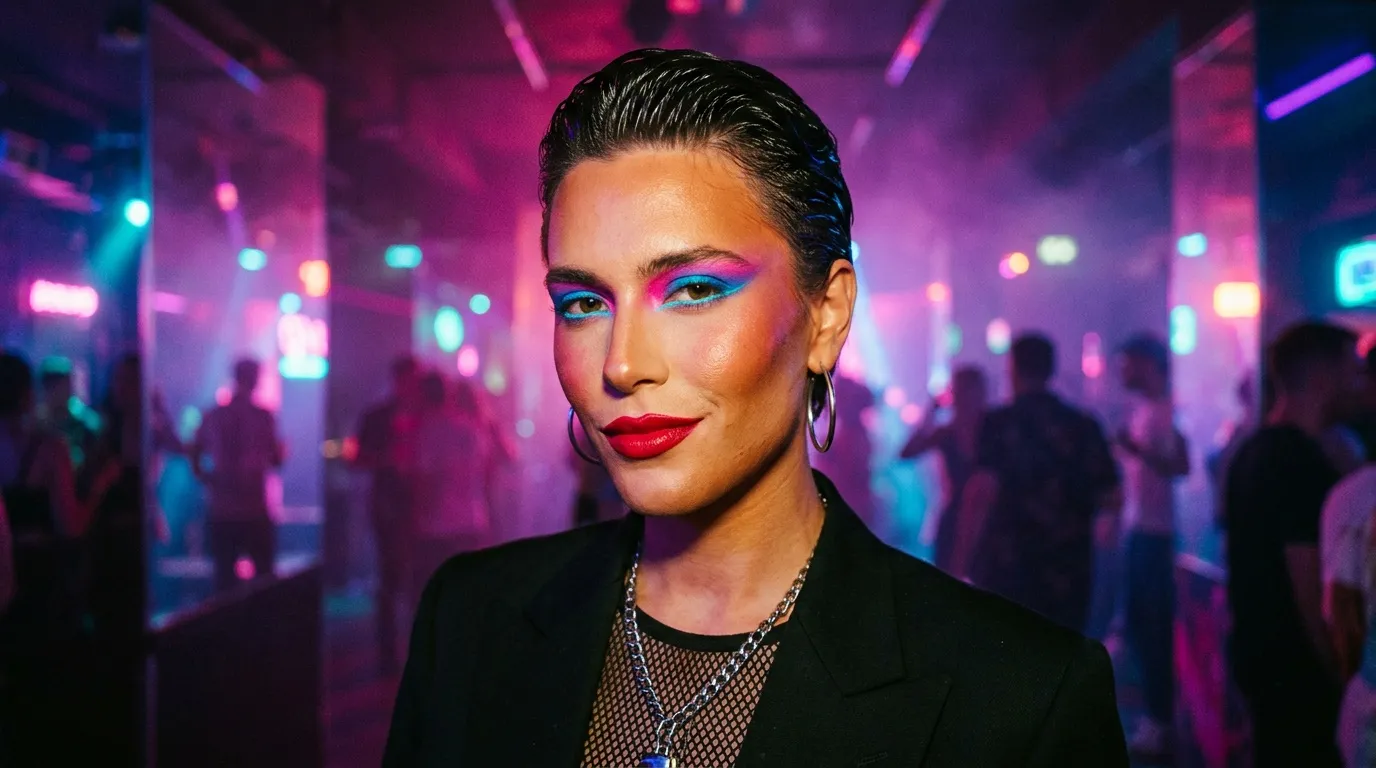 Personne maquillée coloré en discothèque néon rose bleu