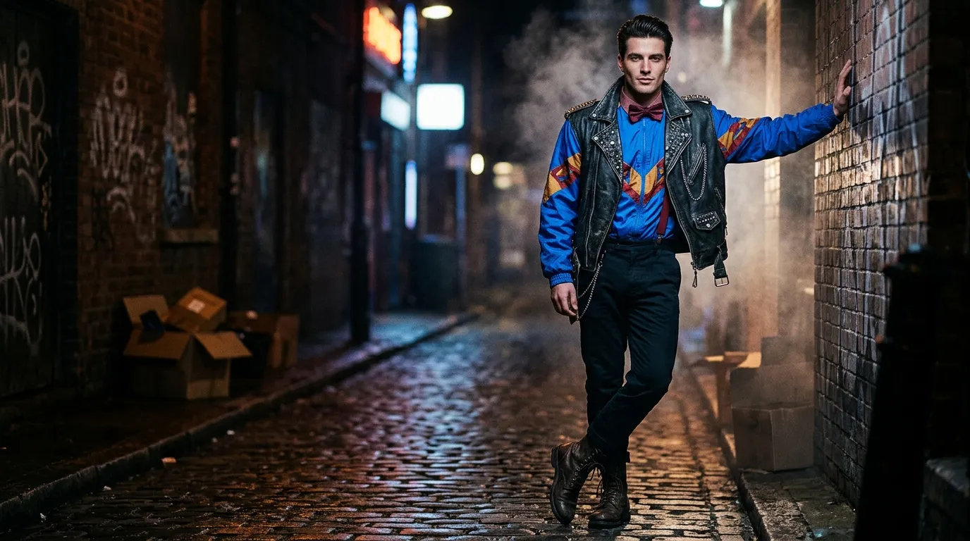 Homme en veste de cuir dans ruelle nocturne humide