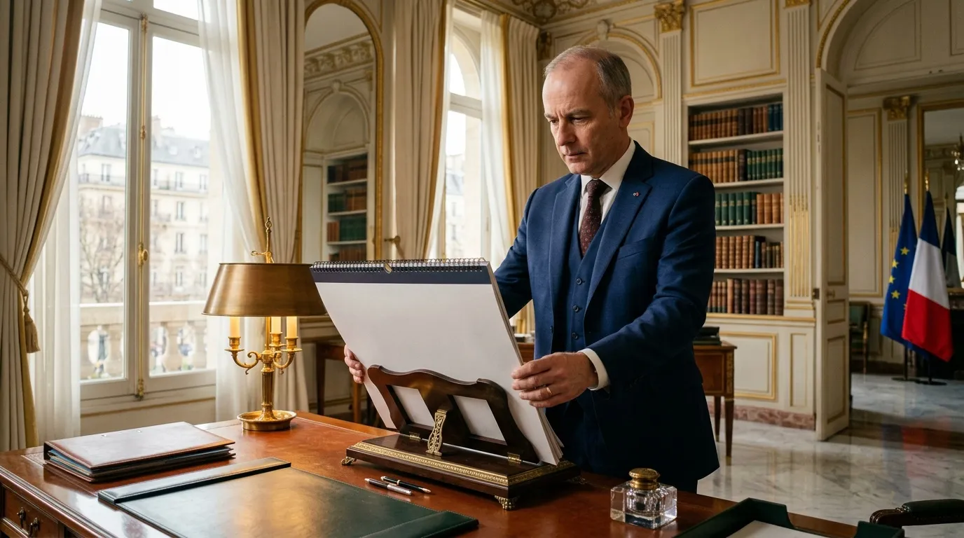 Homme en costume bleu consultant document dans bureau élégant.