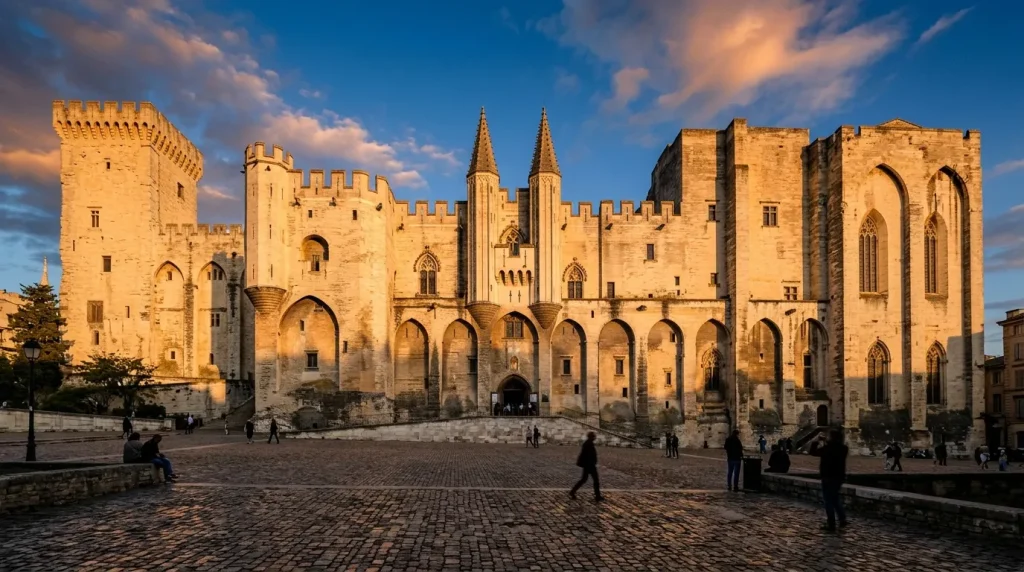 Palais médiéval en pierre avec tours et arches gothiques