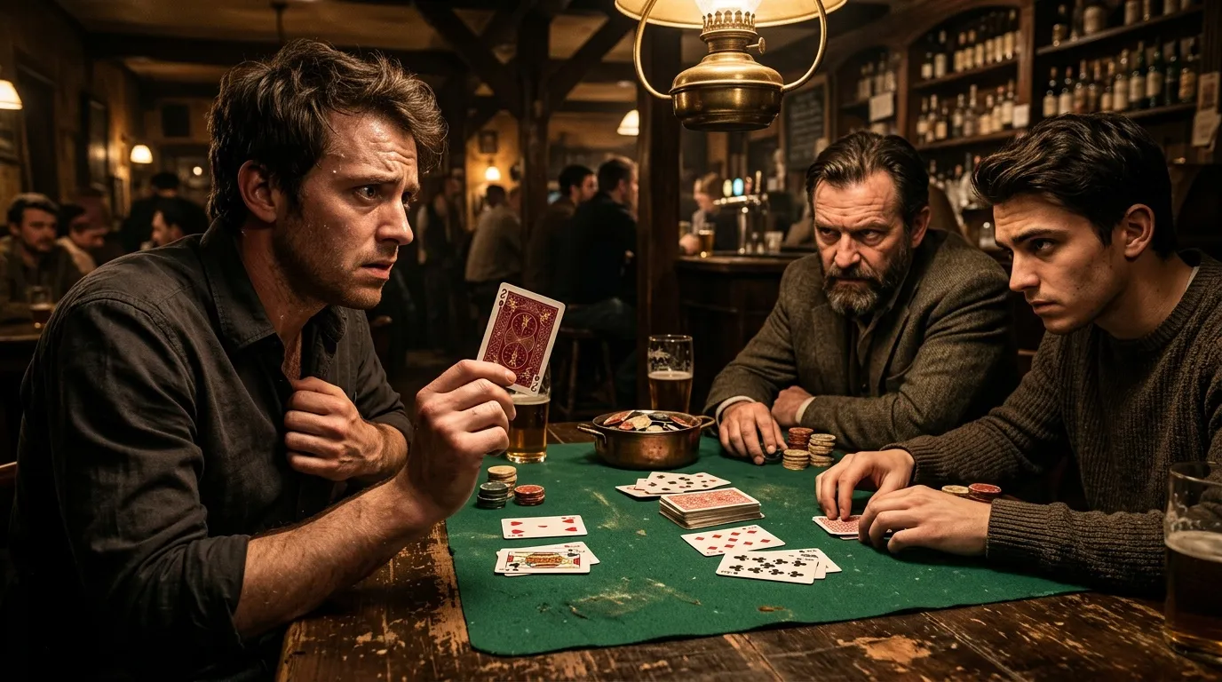 Trois hommes jouent au poker autour d'une table verte