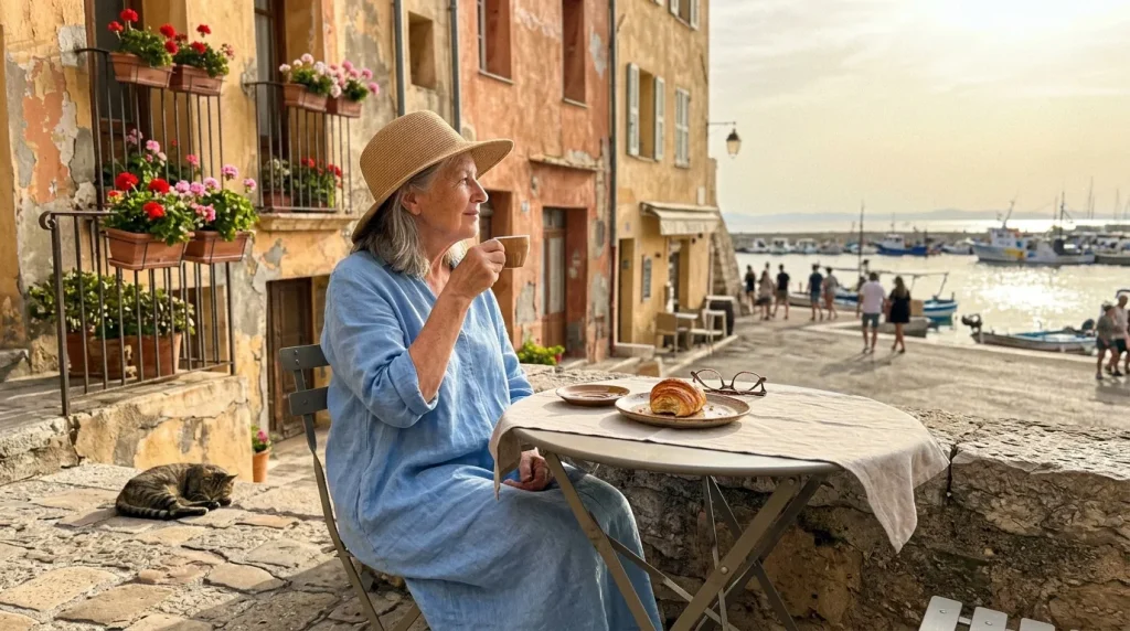 Femme âgée prenant un café face à la mer depuis une terrasse