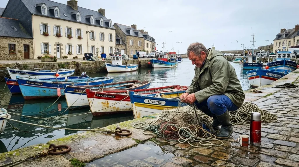 Homme répare cordages bateau port breton coloré