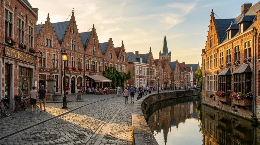 Place pavée avec canal, architecture flamande, boutiques, passants