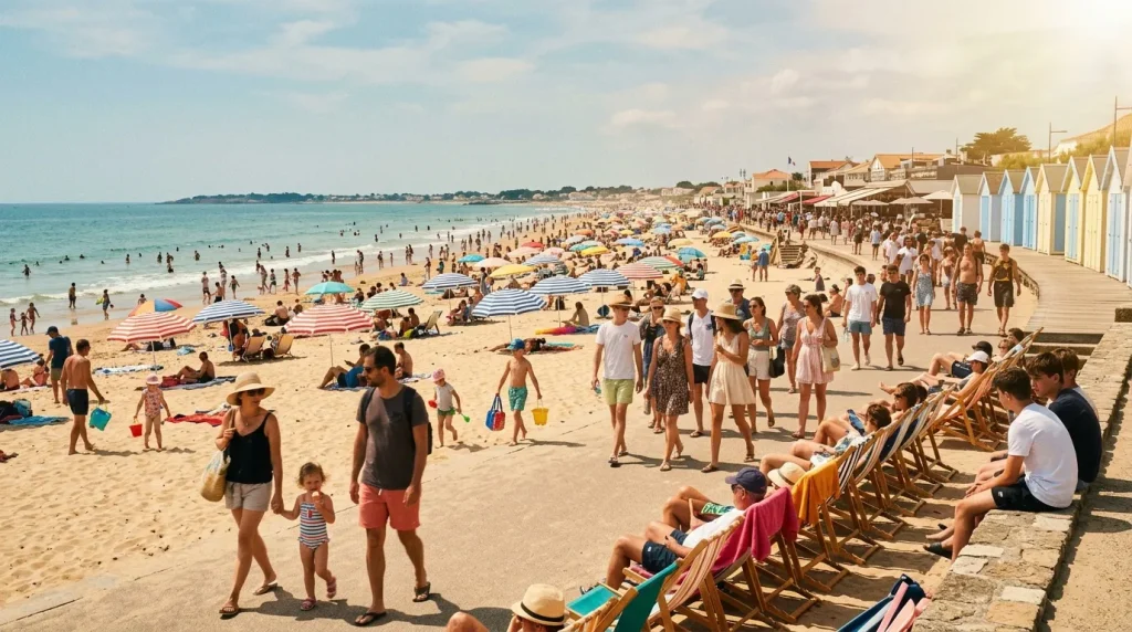 Foule de baigneurs sur une plage de sable avec cabines colorées