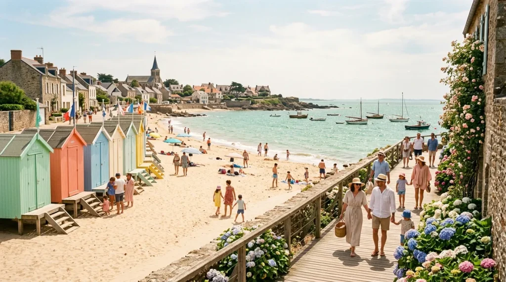 Plage animée avec cabines de bain colorées, bateaux et village côtier