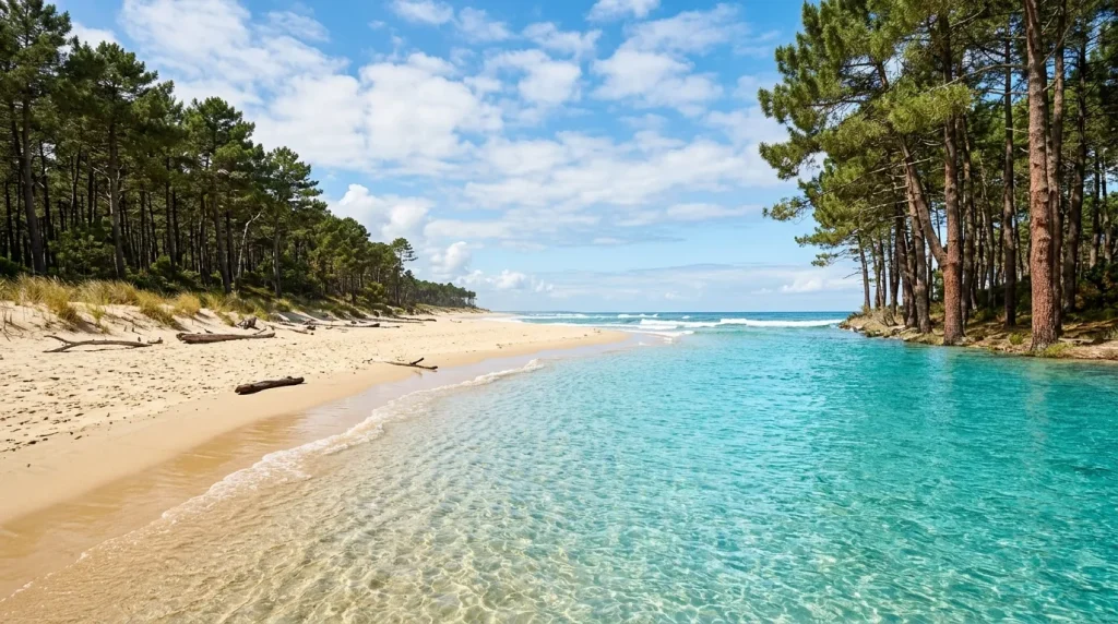 Plage tropicale avec sable blanc, eau turquoise et pins côtiers