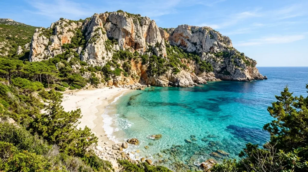 Crique turquoise avec plage blanche entre falaises rocheuses