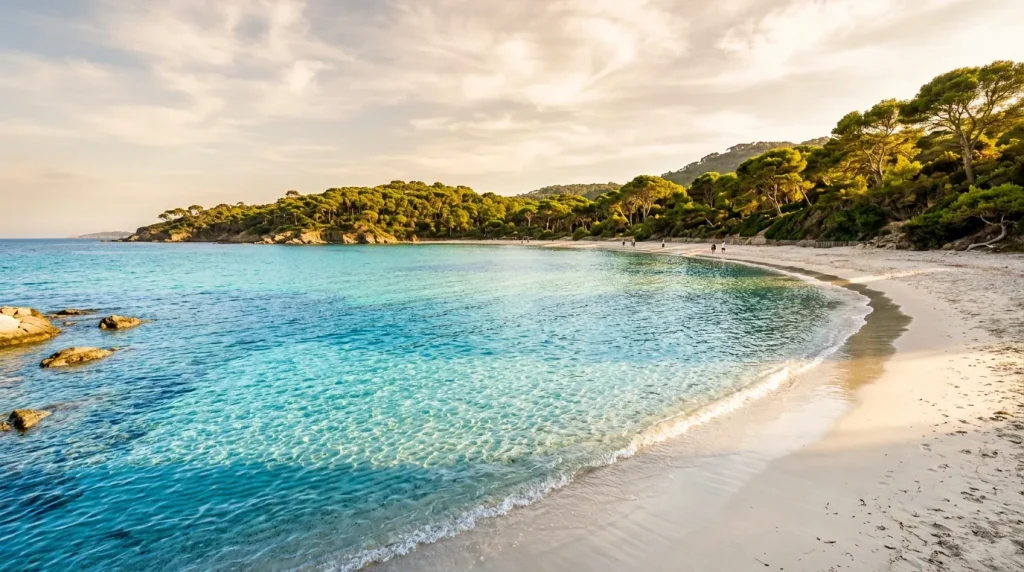 Plage de sable blanc avec eaux turquoise et forêt méditerranéenne