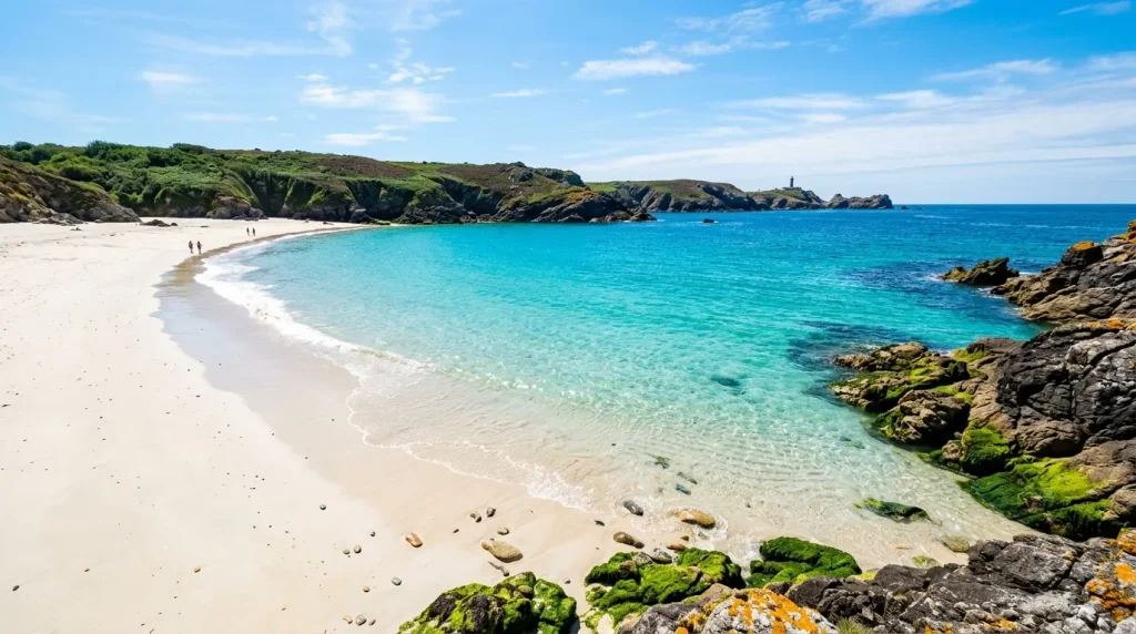 Plage de sable blanc avec eau turquoise cristalline et falaises verdoyantes
