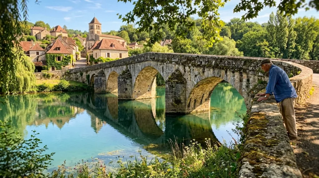 Homme observant ancien pont de pierre enjambant rivière verte